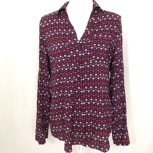 🐝Q Mack Navy Button Up Blouse W/Hearts - Med🐝